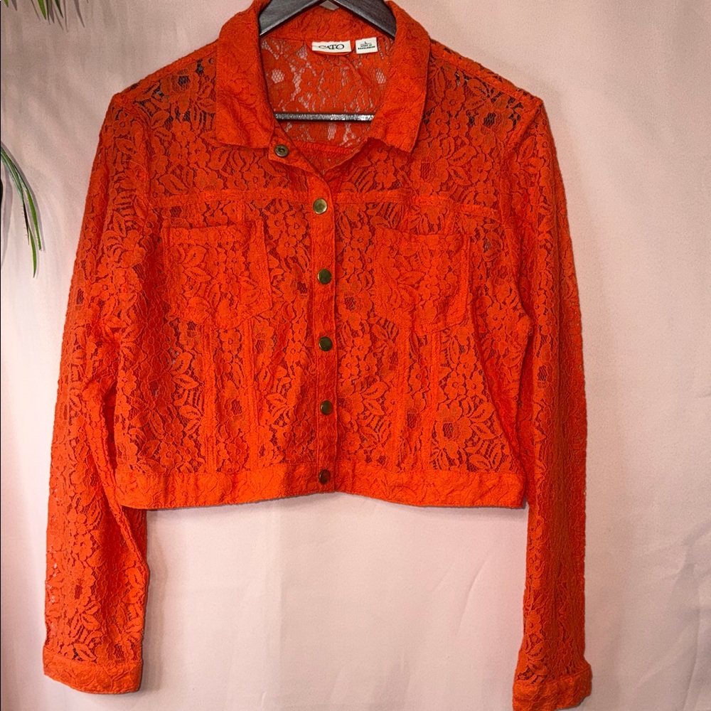 Cato Vibrant Orange Lace Cropped Jacket| Minimal Blogger Style
